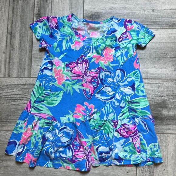 Lilly Pulitzer Kids Blue Floral Ruffle Cap Sleeve Fit & Flare Dress Size 2 - Picture 1 of 10
